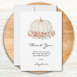 Wasserfarbe Pumpkin Baby Dusche Dankeskarte<br><div class="desc">Diese niedliche Herbstdusche mit Babydusche ist mit einem Aquarellkürbis und einem Herbstlaub ausgestattet. Einfach anpassbar. Original Wasserfarbe © Michele Davies.</div>