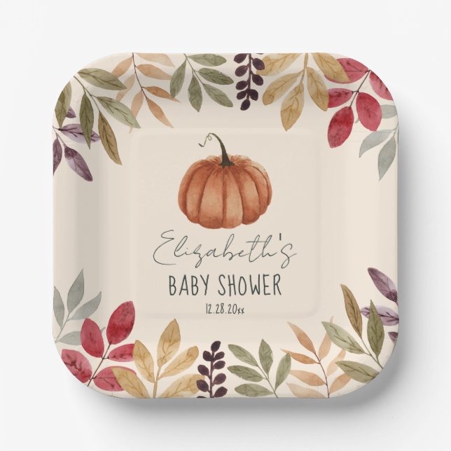 Wasserfarbe Pumpkin Fall Themed Baby Dusche Pappteller (Vorderseite)