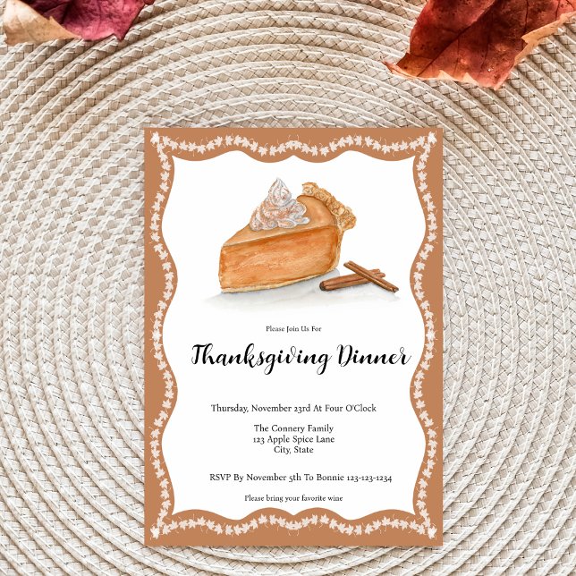 Wasserfarbe Pumpkin Kuchen Ahorn Blätter Erntedank Einladung (Elegant watercolor invite: Harvest Delights await at your Thanksgiving gathering!)