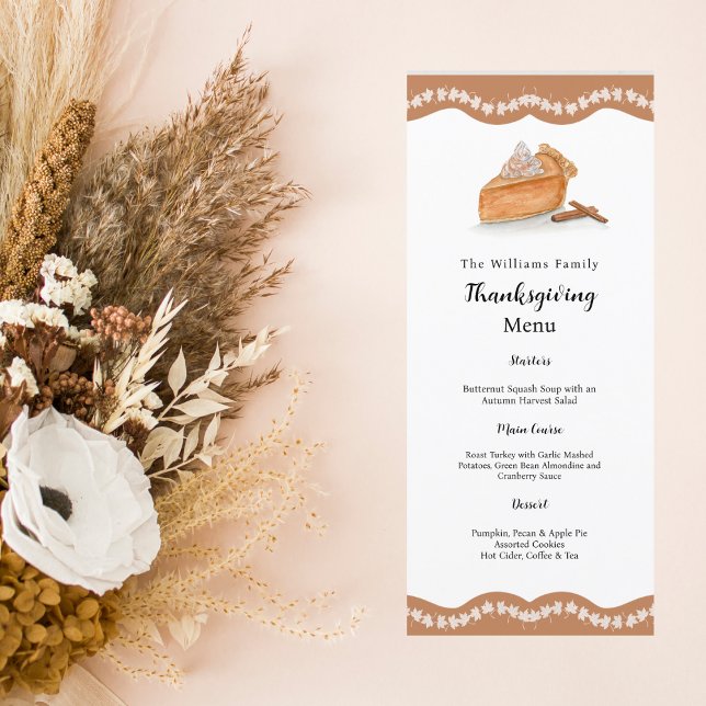 Wasserfarbe Pumpkin Kuchen Ahorn Blätter Erntedank Menükarte (Harvest Elegance: Savor Autumn's Bounty with Our Watercolor Pumpkin Pie Menu!)