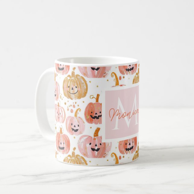 Wasserfarbe Pumpkin Muster mit Namen Kaffeetasse (Vorderseite Links)
