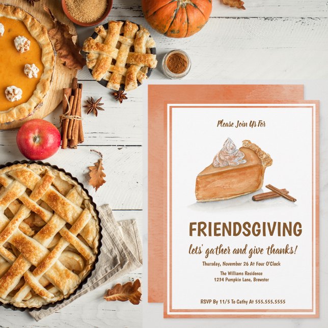 Wasserfarbe Pumpkin Pie Friendsgiving Erntedank Einladung (Elegant design, easy customization, and inviting allure set your Friendsgiving apart!




)
