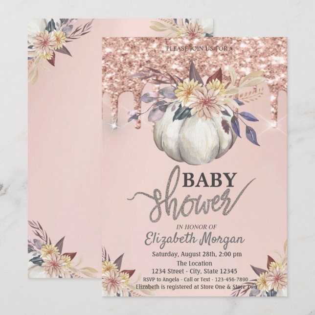 Wasserfarbe Pumpkin Rose Gold Glitzer Tropfen Einladung (Vorne/Hinten)