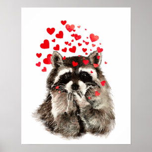 Wasserfarbe Raccoon Kisses Funny Liebe Herz Poster