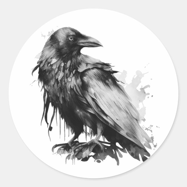 Wasserfarbe Raven - B&W Runder Aufkleber (Vorderseite)
