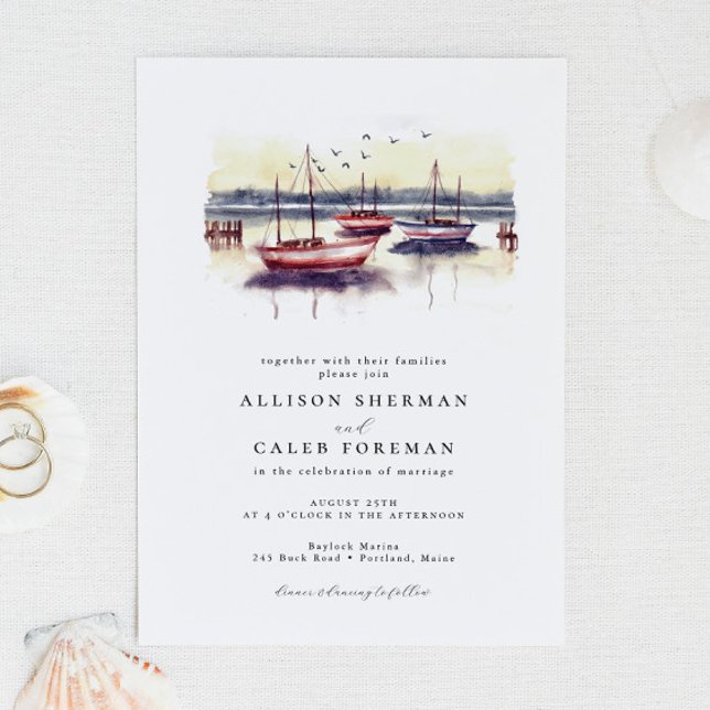 Wasserfarbe Red Blue Sailboats Hochzeit im Hafen Einladung (Von Creator hochgeladen)