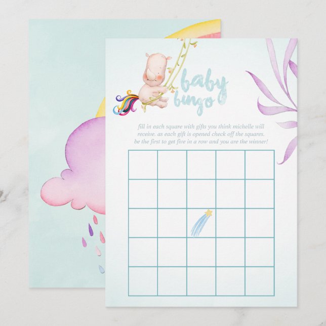 Wasserfarbe Rhino Unicorn Kindermädchen Bingo Einladung (Vorne/Hinten)