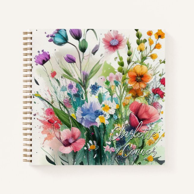 Wasserfarbe Romantische Wildblumen Personalisiert Notizbuch (Vorderseite)