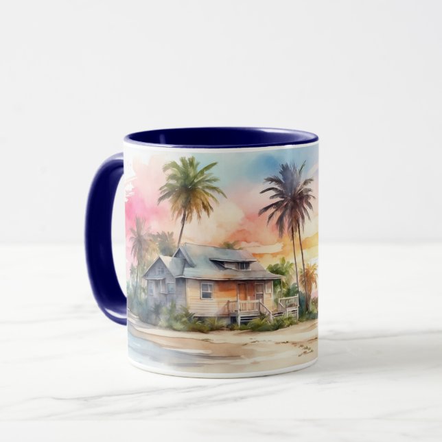 Wasserfarbe Romantischer Sonnenuntergang Strand un Tasse (Vorderseite Links)