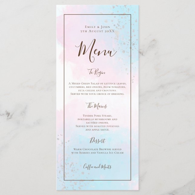Wasserfarbe Rosa Aquamarine Silberfetti Hochzeit Menükarte (Vorderseite)