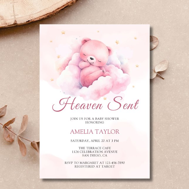 Wasserfarbe Rosa Bären Paradies Mädchen Babydusche Einladung (A "Heaven Sent" girl's baby shower invitation featuring a pink bear on a cloud)