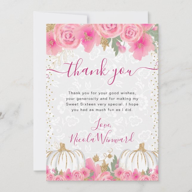 Wasserfarbe Rosa Blume fallen Pumpkin Sweet 16 Dankeskarte (Vorderseite)