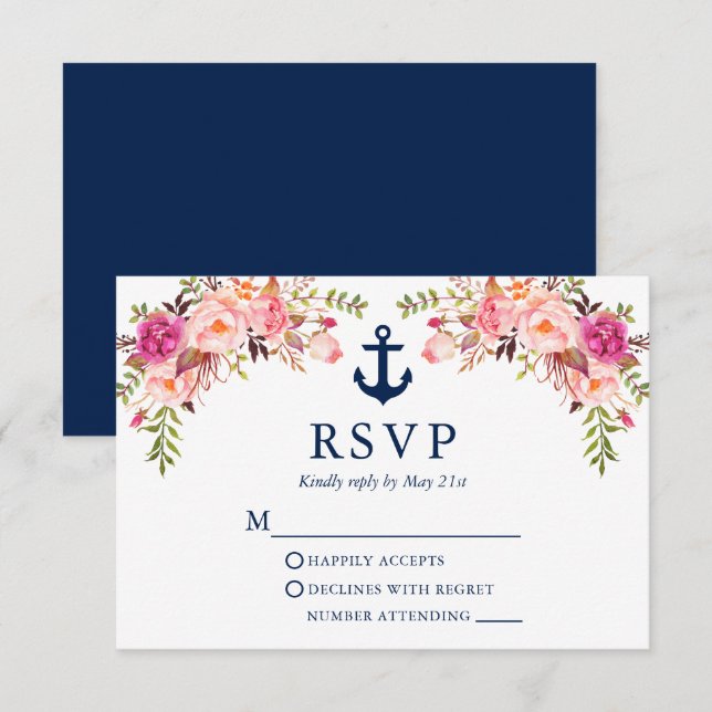Wasserfarbe Rosa Blumenanker Hochzeit Blau RSVP Karte (Vorne/Hinten)