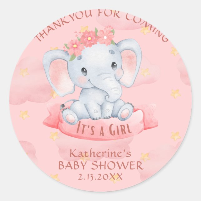 Wasserfarbe Rosa Blumenelefant Girl Baby Dusche Runder Aufkleber (Vorderseite)