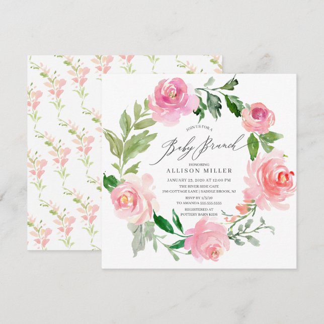 Wasserfarbe Rosa Blumengebirge Babydusche Brunch Einladung (Vorne/Hinten)