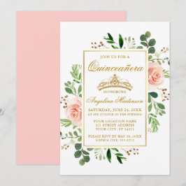 Wasserfarbe Rosa Blumengrün Gold Quinceanera Einladung