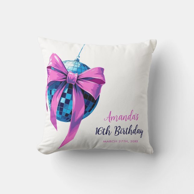 Wasserfarbe Rosa Bow Disco Ball Sweet 16 Birthday Kissen (Vorderseite)