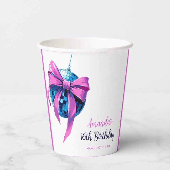 Wasserfarbe Rosa Bow Disco Ball Sweet 16 Birthday Pappbecher (Rückseite)