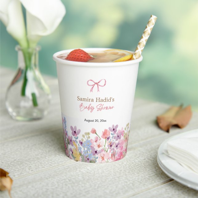 Wasserfarbe Rosa Bow Floral Girl Babydusche Pappbecher (In Situ)