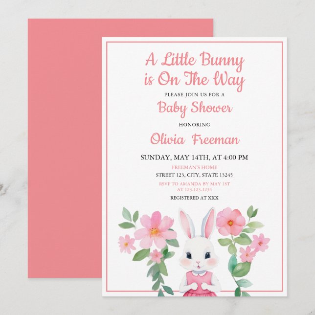 Wasserfarbe Rosa Bunny Girl Bloral Baby Dusche Einladung (Vorne/Hinten)