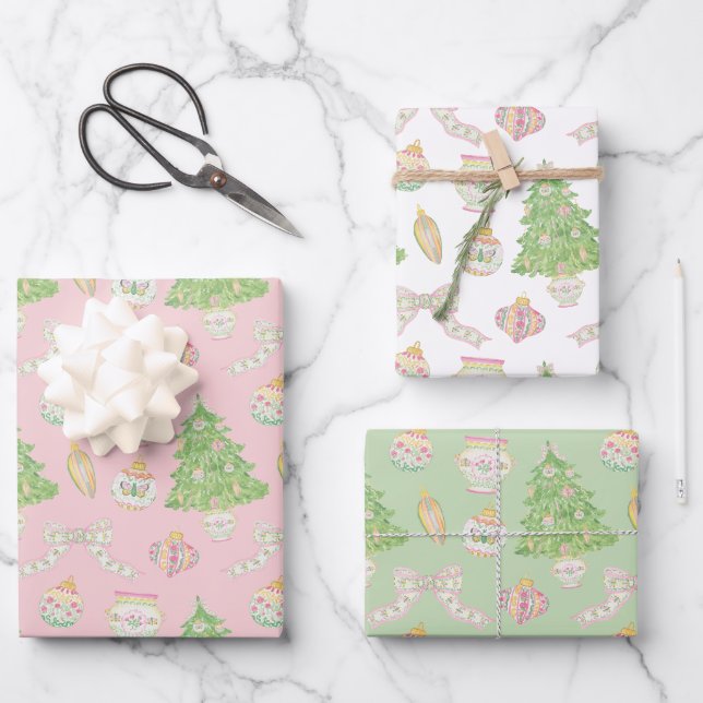 Wasserfarbe Rosa Chinoiserie Baubles Weihnachtsbau Geschenkpapier Set (Vorderseite)