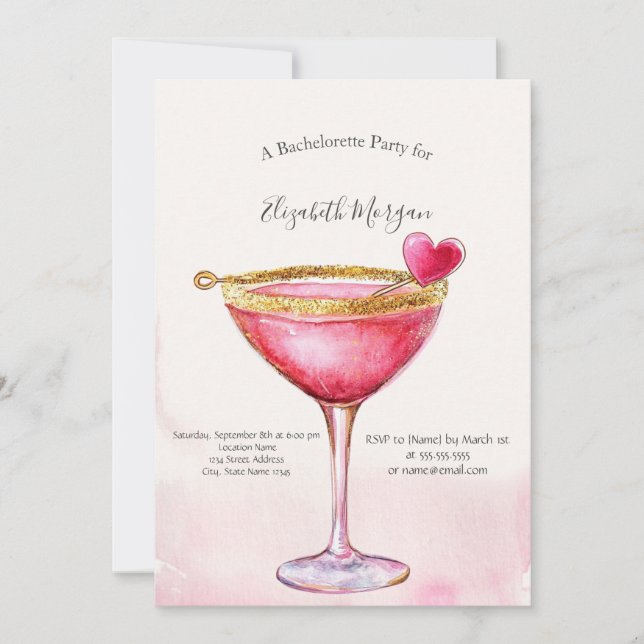 Wasserfarbe Rosa Cocktail Herzstück Junggeselinnen Einladung (Vorderseite)