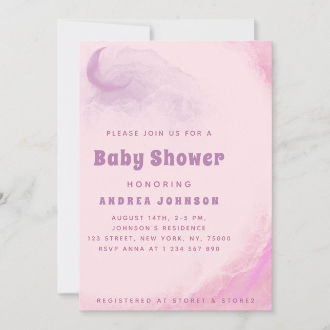 Wasserfarbe Rosa Dreamy Moon Cloud Girl Babydusche Einladung (Vorderseite)
