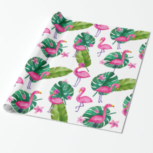 Wasserfarbe Rosa Flamingo tropische Blätter Muste Geschenkpapier