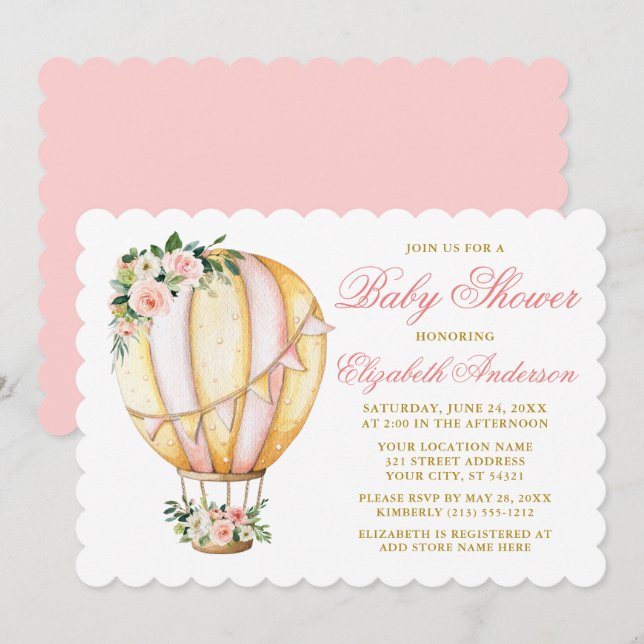 Wasserfarbe Rosa Floral Baby Dusche Luftballon Einladung (Vorne/Hinten)