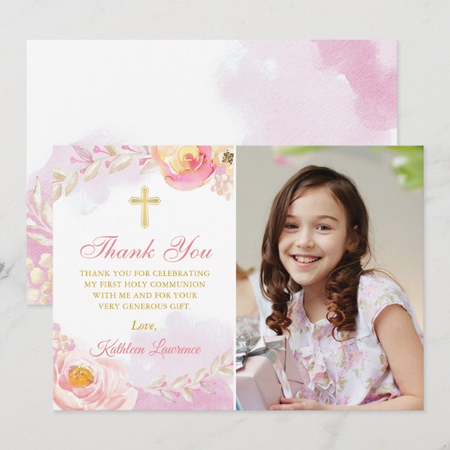 Wasserfarbe Rosa Floral Heilige Kommune Vielen Dan Einladung (Vorne/Hinten)