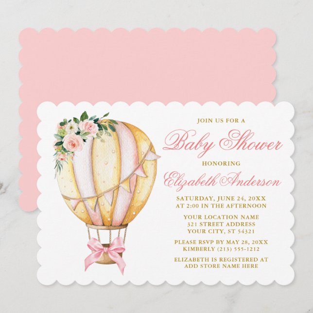 Wasserfarbe Rosa Floral Luftballon Bow Baby Dusche Einladung (Vorne/Hinten)