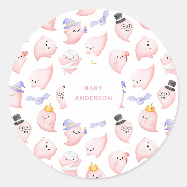 Wasserfarbe Rosa Geister Halloween Kinderdusche Runder Aufkleber (Vorderseite)
