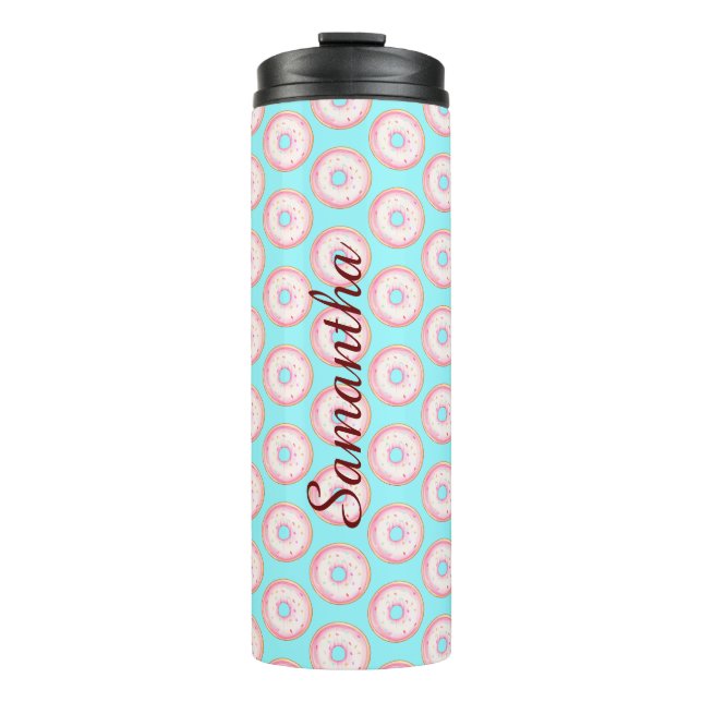 Wasserfarbe Rosa glänzende Sprinkle Donuts Thermosbecher (Vorderseite)