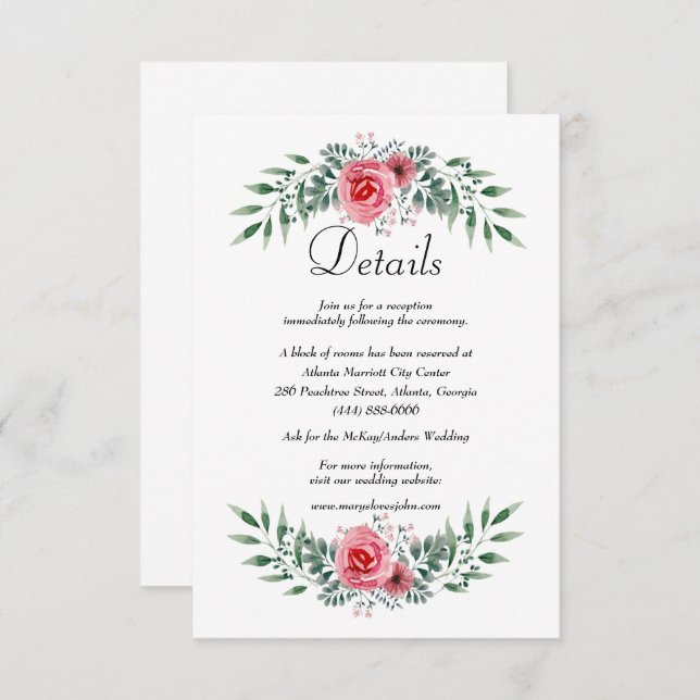 Wasserfarbe Rosa Grüne Foliage Details Begleitkarte (Vorne/Hinten)