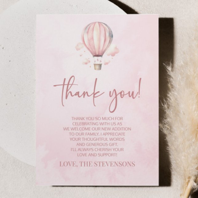 Wasserfarbe Rosa Heißluftballon Babydusche Dankeskarte (Von Creator hochgeladen)