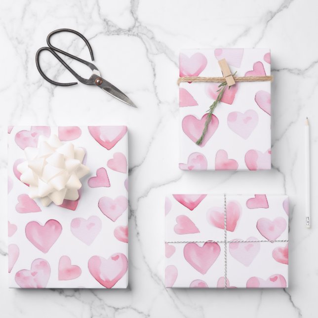 Wasserfarbe Rosa Herz Valentinstag Geschenkpapier Set (Vorderseite)