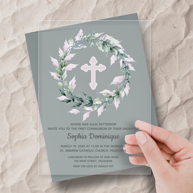 Wasserfarbe Rosa Kreuz Erste Kommune Acryleinladungen (Watercolor wreath pink cross first holy communion clear acrylic invitations)