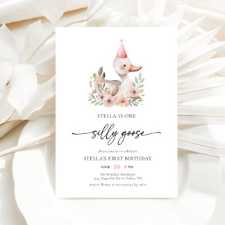 Wasserfarbe Rosa Mädchen Albern Gänse 1. Geburtsta Einladung