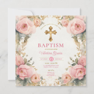 Wasserfarbe Rosa Peach Girl Taufe Kreuz Blumen Einladung
