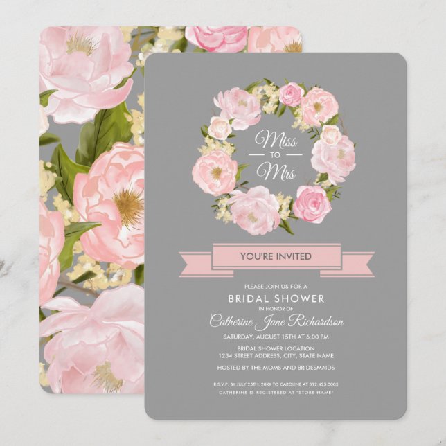 Wasserfarbe Rosa Peonies Grau Brautparty Einladung (Vorne/Hinten)