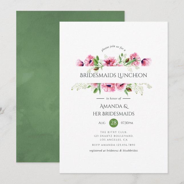 Wasserfarbe Rosa Poppies Bridesmaids Luncheon Einladung (Vorne/Hinten)