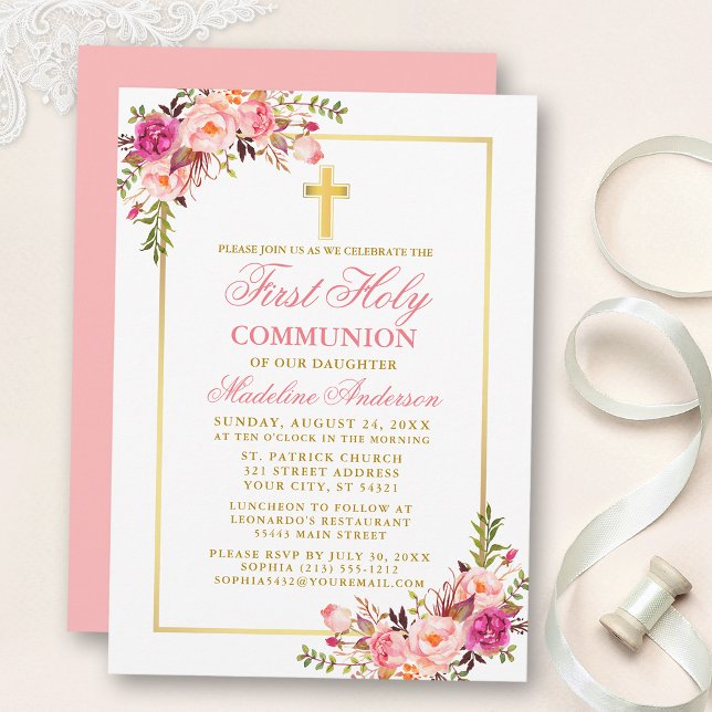 Wasserfarbe Rosa Rosa Blütenblau Gold Erstkommunio Einladung (Customize to change text color, size, style or to change color of back of card.)