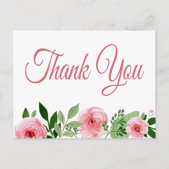 Wasserfarbe Rosa Rose Floral Vielen Dank Postkarte (Vorderseite)