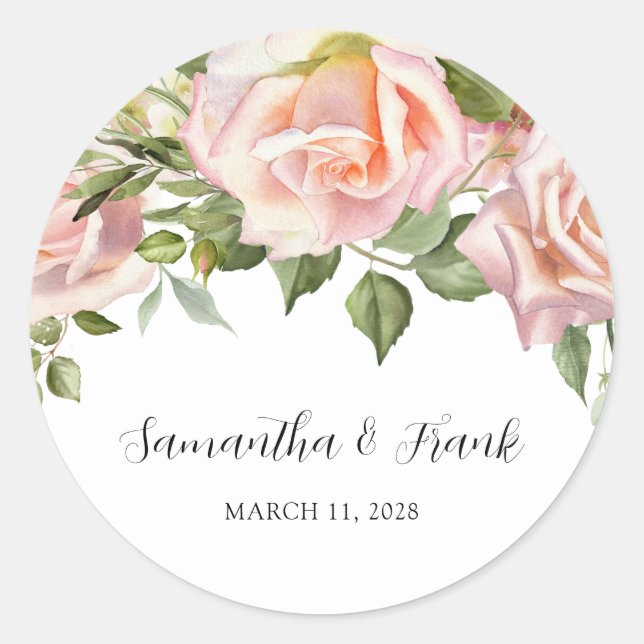 Wasserfarbe Rosa Rosen Hochzeit Runder Aufkleber (Vorderseite)