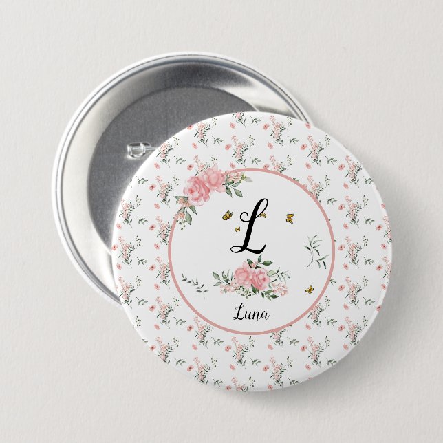 Wasserfarbe Rosa Rosen mit Schmetterlingen Button (Vorne & Hinten)