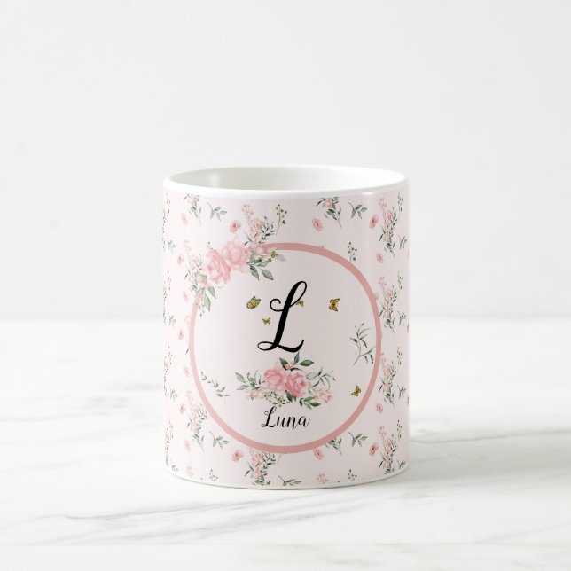 Wasserfarbe Rosa Rosen mit Schmetterlingen Kaffeetasse (Mittel)