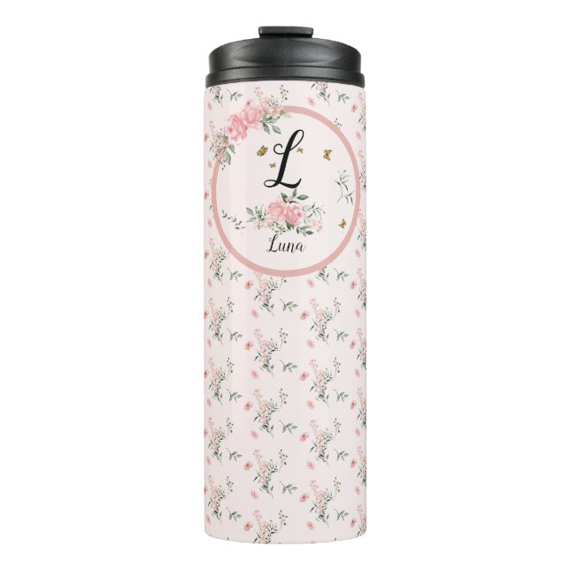 Wasserfarbe Rosa Rosen mit Schmetterlingen Thermosbecher (Vorderseite)