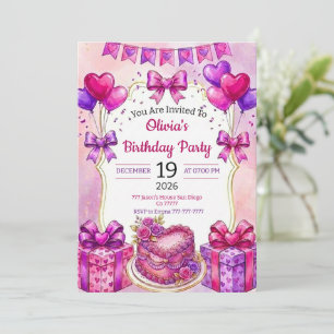 Wasserfarbe Rosa Torte und Florales Herz Geburtsta Einladung