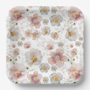 Wasserfarbe Rosa und Blaue Wildblumen-Brautdusche Pappteller