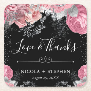 Wasserfarbe Rosa und Silber Blumen Hochzeit Rechteckiger Pappuntersetzer